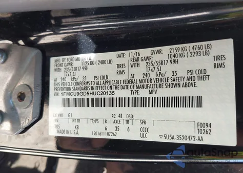 2017 Ford Escape Se z USA, uszkodzony, nr VIN 1FMCU9GD5HUC20135